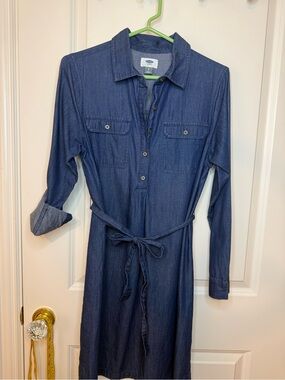 Old Navy Dark Blue Chambray Shirt Dress with Waist Tie